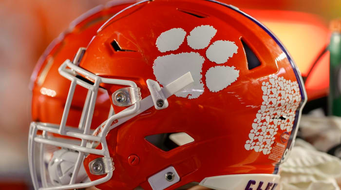 The logo of the Clemson Tigers is seen on a football helmet during the second half of the game between the Boston College Eagles and the Clemson Tigers at Alumni Stadium.
